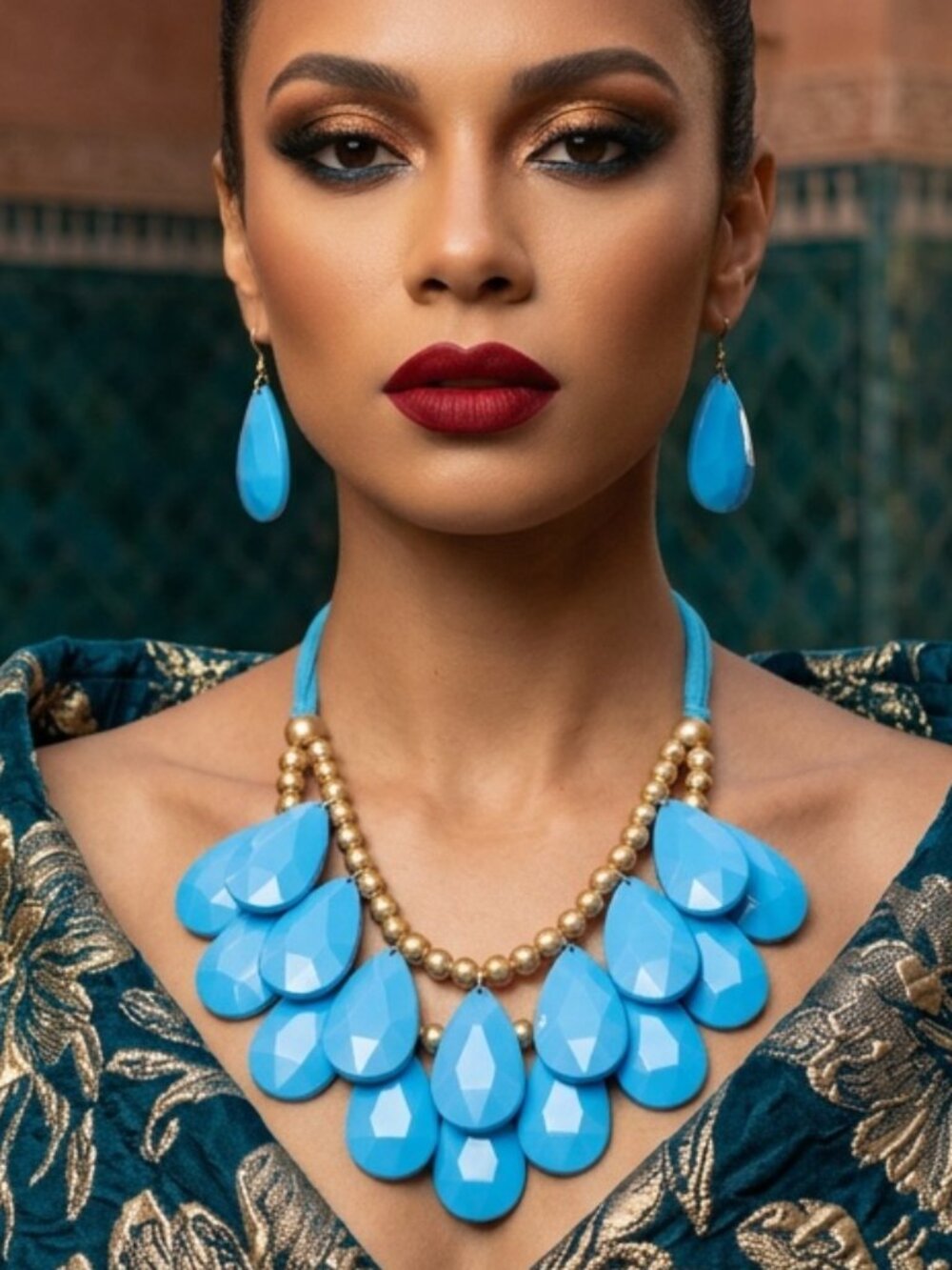 New! Statement India Blue Teardrop Bib Necklace with Matching Earrings